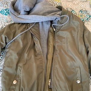 Army Green Bomber Jacket with Grey Hood